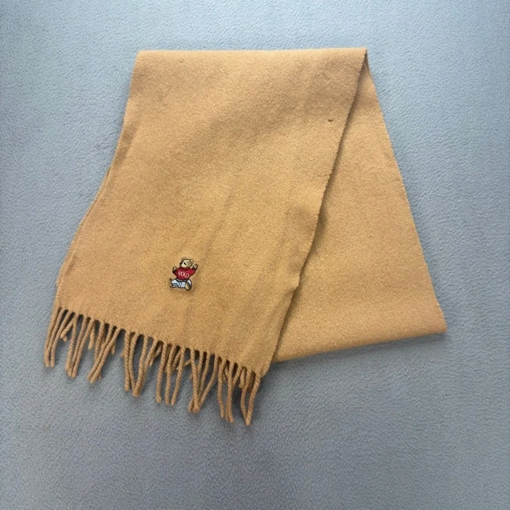 Polo Ralph Lauren Polo Bear Scarf Lambswool Tan Camel Embroidered Fringe Classic